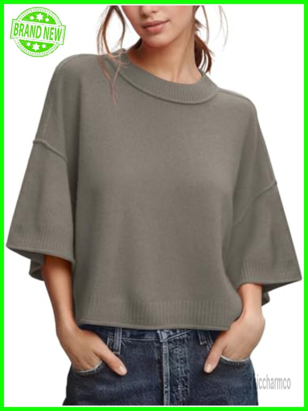 Women's Cropped Knit Pullover Sweater 3/4 Sleeve Crew Neck Loose Fit